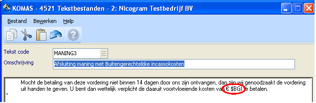Tekstbestand met variable voor Buitengerechtelijke Incassokosten